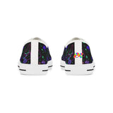 low top canvas sneakers with white toe caps, trim and laces. has a black background pattern with mushroom patterns in purple and blue comes in sizes 5 to 14 for women - Cosplay Moon