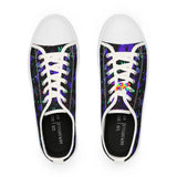 low top canvas sneakers with white toe caps, trim and laces. has a black background pattern with mushroom patterns in purple and blue comes in sizes 5 to 14 for women - Cosplay Moon