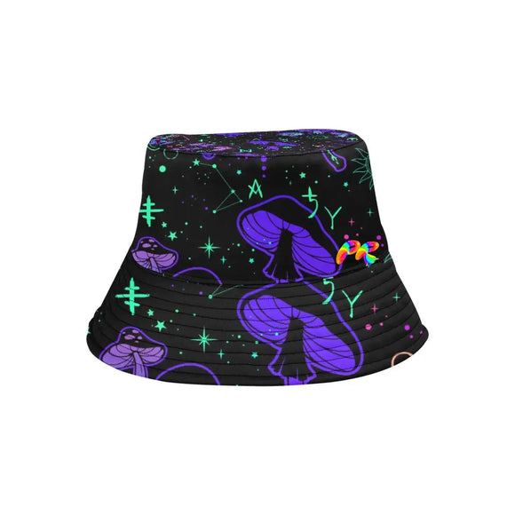 black bucket hat with blue and purple mushroom pattern, rave bucket hat - Cosplay Moon