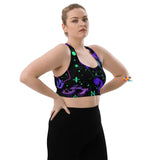 women's, sweetheart sports bra, comes in sizes xs to XL, matching activewear and rave pieces, black with a blue mushroom pattern, Mushroom Cult Rave Longline Sports Bra - Cosplay Moon