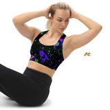 women's, sweetheart sports bra, comes in sizes xs to XL, matching activewear and rave pieces, black with a blue mushroom pattern, Mushroom Cult Rave Longline Sports Bra - Cosplay Moon