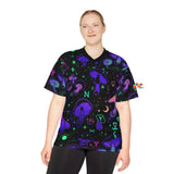 unisex football jersey with a black background and bright blue and purple mushroom pattern, comes in sizes extra small to 2XL  - Cosplay Moon