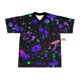 unisex football jersey with a black background and bright blue and purple mushroom pattern, comes in sizes extra small to 2XL  - Cosplay Moon