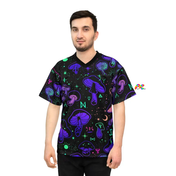 unisex football jersey with a black background and bright blue and purple mushroom pattern, comes in sizes extra small to 2XL - Cosplay Moon