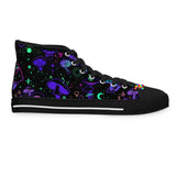 women's high top canvas shoes, sneakers, mushroom pattern, choose white or black trim, lace-up, for raves and festivals, sizes 5.5 to 12 - cosplay moon