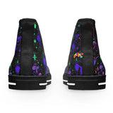 women's high top canvas shoes, sneakers, mushroom pattern, choose white or black trim, lace-up, for raves and festivals, sizes 5.5 to 12 - cosplay moon