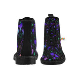 Lace-up black combat style boots with pruple and pink mushroom pattern, pull tab on back with black laces and black bottoms - Cosplay Moon
