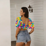 Mushroom Groove Puff Sleeve Crop Top with keyhole in front, longline feminine design, and colorful mushroom print, perfect as a vibrant rave top for festival outfits and stylish casual wear.