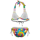 Plus size Mushroom Groove Tie Dye Rave Bikini featuring vibrant tie-dye patterns with peace signs, designed with adjustable straps and wide straps for comfort. Ideal for plus size festival enthusiasts looking for stylish and breathable rave swimwear.