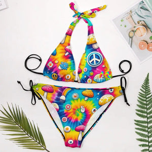 Plus size Mushroom Groove Tie Dye Rave Bikini featuring vibrant tie-dye patterns with peace signs, designed with adjustable straps and wide straps for comfort. Ideal for plus size festival enthusiasts looking for stylish and breathable rave swimwear.