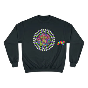 gray champion sweatshirt with a trippy mushroom in the middle, sizes small to 2XL, unisex,