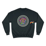 black champion sweatshirt with a trippy mushroom in the middle, sizes small to 2XL, unisex,