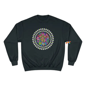 gray champion sweatshirt with a trippy mushroom in the middle, sizes small to 2XL, unisex,