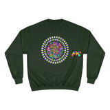 green champion sweatshirt with a trippy mushroom in the middle, sizes small to 2XL, unisex,