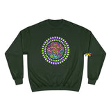green champion sweatshirt with a trippy mushroom in the middle, sizes small to 2XL, unisex,