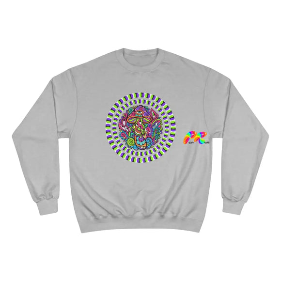 gray champion sweatshirt with a trippy mushroom in the middle, sizes small to 2XL, unisex,