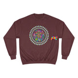 maroon champion sweatshirt with a trippy mushroom in the middle, sizes small to 2XL, unisex,