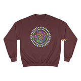 maroon champion sweatshirt with a trippy mushroom in the middle, sizes small to 2XL, unisex,