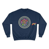 blue champion sweatshirt with a trippy mushroom in the middle, sizes small to 2XL, unisex,