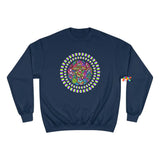 blue champion sweatshirt with a trippy mushroom in the middle, sizes small to 2XL, unisex,