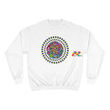 white champion sweatshirt with a trippy mushroom in the middle, sizes small to 2XL, unisex,