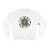 white champion sweatshirt with a trippy mushroom in the middle, sizes small to 2XL, unisex,