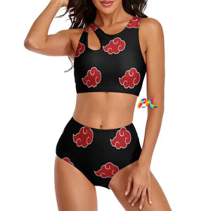 two-piece bikini with a black background and red naruto cloud pattern sizes small to 2XL Naruto 86% polyester+14% spandex Two-piece bikini Women's/Female Red/black Naruto pattern Split strap top High-waist bottoms Split Top High-Waist Bikini - Cosplay Moon