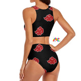 two-piece bikini with a black background and red naruto cloud pattern sizes small to 2XL Naruto 86% polyester+14% spandex Two-piece bikini Women's/Female Red/black Naruto pattern Split strap top High-waist bottoms Split Top High-Waist Bikini - Cosplay Moon