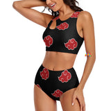 two-piece bikini with a black background and red naruto cloud pattern sizes small to 2XL Naruto 86% polyester+14% spandex Two-piece bikini Women's/Female Red/black Naruto pattern Split strap top High-waist bottoms Split Top High-Waist Bikini - Cosplay Moon