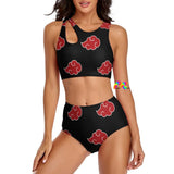 two-piece bikini with a black background and red naruto cloud pattern sizes small to 2XL Naruto 86% polyester+14% spandex Two-piece bikini Women's/Female Red/black Naruto pattern Split strap top High-waist bottoms Split Top High-Waist Bikini - Cosplay Moon