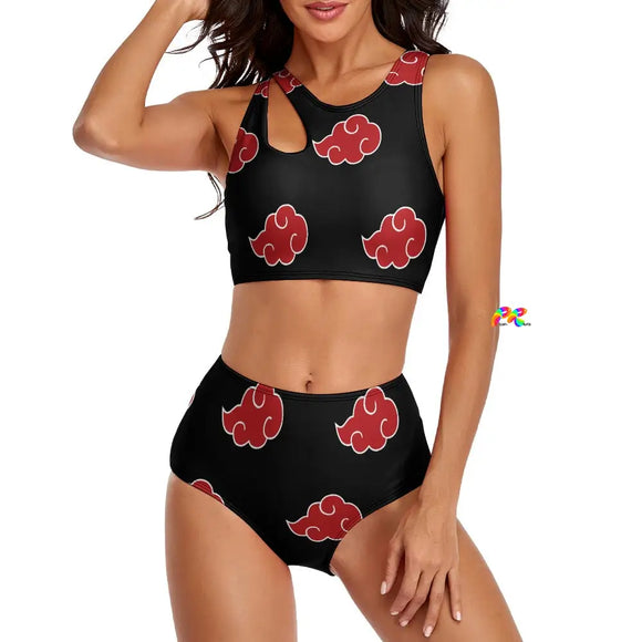 two-piece bikini with a black background and red naruto cloud pattern sizes small to 2XL Naruto 86% polyester+14% spandex Two-piece bikini Women's/Female Red/black Naruto pattern Split strap top High-waist bottoms Split Top High-Waist Bikini - Cosplay Moon