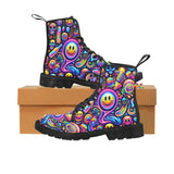 Neon Bliss Men's Canvas Rave Boots, sizes US7 to US12, designed for ravers with a vibrant melting smileys pattern, black rubber sole, and lace-up style, showcased on a black background to highlight their unique and stylish appeal for rave enthusiasts