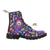 Neon Bliss Men's Canvas Rave Boots, sizes US7 to US12, designed for ravers with a vibrant melting smileys pattern, black rubber sole, and lace-up style, showcased on a black background to highlight their unique and stylish appeal for rave enthusiasts