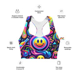 Neon Bliss Rave Longline Sports Bra, available in sizes XS to 3XL, featuring a funky, rave-inspired pattern for a stylish workout or festival look