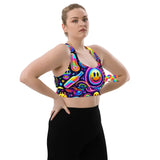 Neon Bliss Rave Longline Sports Bra, available in sizes XS to 3XL, featuring a funky, rave-inspired pattern for a stylish workout or festival look