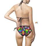 Vivid neon drip rave bikini with pride colors, featuring a dynamic and splashy pattern reminiscent of vibrant paint drips. The swimwear is designed with a flattering high-waisted bottom and a sporty top, offering sizes ranging from XS to XL to accommodate various body types. This eye-catching piece celebrates the spirit of pride with its bold and expressive design." For a detailed view of the pattern and sizing options, visit the Prism Raves website​​.
