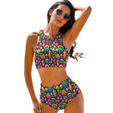 Neon Drip Rave Racerback Bikini available in xs to xl, featuring a unique and vibrant neon drip pattern on 86% polyester and 14% spandex material, designed with a supportive racerback top and flattering high-waist bottoms, perfect for making a stylish statement at pool parties and beachside raves.