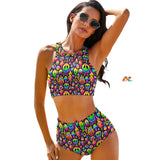 Neon Drip Rave Racerback Bikini available in xs to xl, featuring a unique and vibrant neon drip pattern on 86% polyester and 14% spandex material, designed with a supportive racerback top and flattering high-waist bottoms, perfect for making a stylish statement at pool parties and beachside raves.