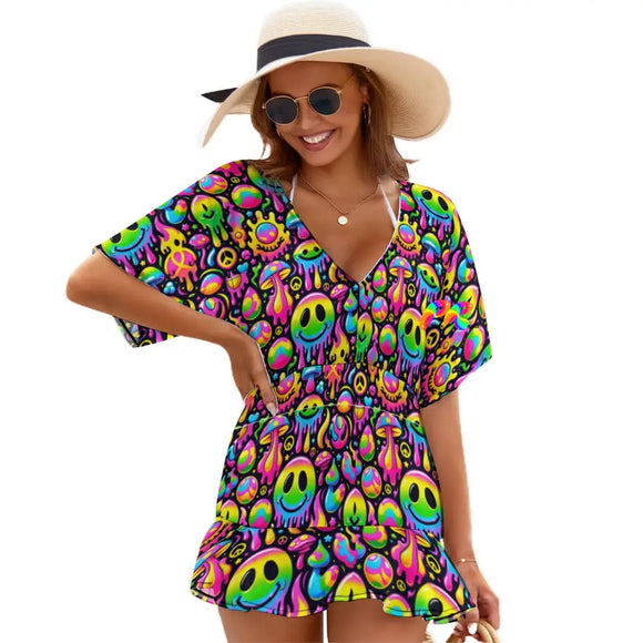 Neon Drip Rave Swimsuit Cover-up available in various sizes, showcasing a flowy chiffon fabric, trendy V-neck, and elegant fishtail skirt, ideal for enhancing your festival and rave fashion.