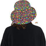 neon trip rave bucket for men and women, melting smileys in neon colors with mushrooms and peace signs - cosplay moon