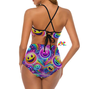 Eye-catching Neon Joy High-Waist Rave Swimsuit from Prism Raves, characterized by its vibrant neon colors and dynamic pattern. This swimsuit combines comfort with style, offering a flattering high-waist fit and ample coverage for dancing at beach festivals or lounging by the pool. The unique design reflects the spirited energy of the rave culture, making it a must-have piece for any EDM festival-goer looking to stand out in the crowd.