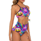Eye-catching Neon Joy High-Waist Rave Swimsuit from Prism Raves, characterized by its vibrant neon colors and dynamic pattern. This swimsuit combines comfort with style, offering a flattering high-waist fit and ample coverage for dancing at beach festivals or lounging by the pool. The unique design reflects the spirited energy of the rave culture, making it a must-have piece for any EDM festival-goer looking to stand out in the crowd.