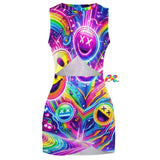 Vibrant Neon Joy Rave Dress featuring colorful patterns perfect for EDM festivals and Pride events, available at Prism Raves.
