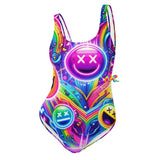 Colorful Neon Joy Rave Swimsuit featuring a cheeky fit, scoop neckline, and low scoop back, designed for the ultimate festival and beach experience, showcasing a dynamic blend of comfort and rave-inspired style, from Prism Raves.