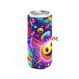 Neon Joy Slim Can Cooler from Prism Raves, featuring a vibrant design on a white exterior with a black interior, perfect for keeping 12oz slim cans chilled at raves and parties.