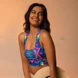 sweetheart neckline rave sports bra, longline, small to 3xl, blue and purple mandala pattern - cosplay moon