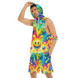 Neon Melt Men's Rave Hooded Shorts Set with colorful smiley face patterns, perfect rave outfit for men looking to stand out at any festival