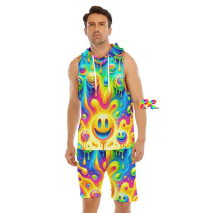Neon Melt Men's Rave Hooded Shorts Set with colorful smiley face patterns, perfect rave outfit for men looking to stand out at any festival