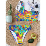 Neon Melt One Shoulder Rave Bikini from Prism Raves, featuring high waist bottoms, melting smileys, and a vibrant, colorful design perfect for EDM festivals and rave events.