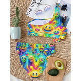  Neon Melt One Shoulder Rave Bikini from Prism Raves, featuring high waist bottoms, melting smileys, and a vibrant, colorful design perfect for EDM festivals and rave events.